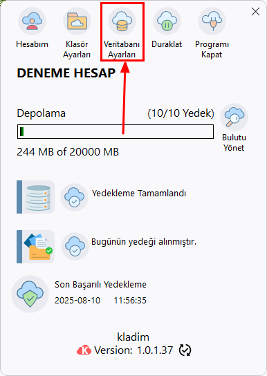 Kladim veritabanı ayarları ekranı